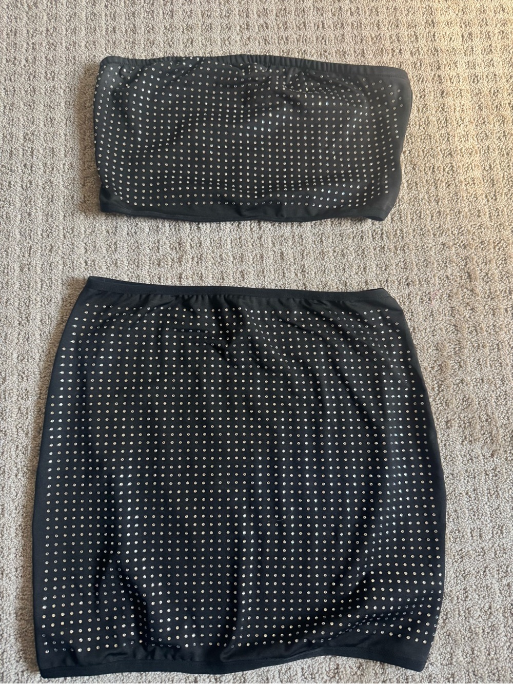 Fashion Nova Black Rhinestone 2 Piece Skirt Set Bandeau Tube Top Medium